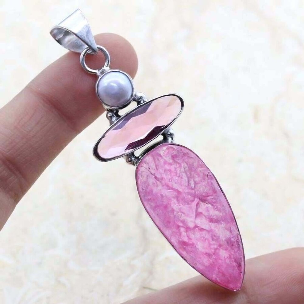 Handmade Natural Rough Pink Crystal 925 Stamped Sterling Silver Necklace.